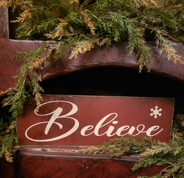 #RB618 Festive Red "Believe" Wood Sign