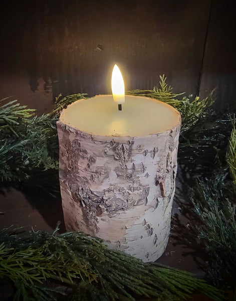 #4BR-GER  "Real Bark" 4In Tall Flameless Pillar Candle