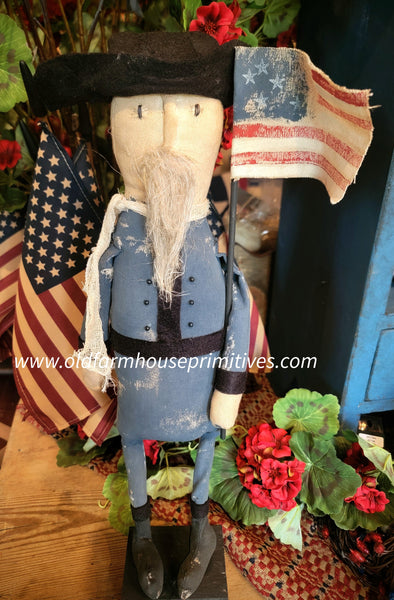 #MDY0064  Primitive Blue Uniform Soldier With Black Hat And Flag 🇺🇸 MADE IN THE USA
