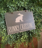 #BC-W Primitive Green "Bunny Crossing" Hanging Wood Sign 8x6Inch