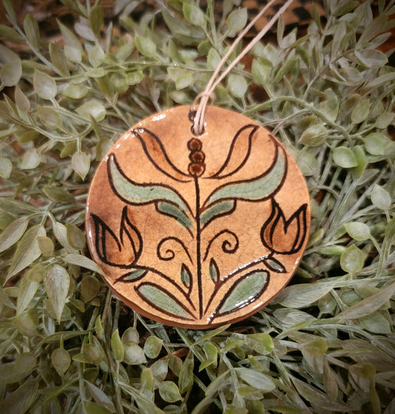 #1024FLW  Redware Folk Art Flower Round Ornament