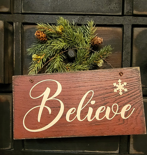 #RBL5 Red "Believe" Sign With Wire Hanger