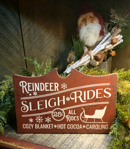 #RSR69 Red "Reindeer Sleigh Rides" Wood Shelf Sitter Sign