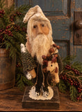 #DG3 Primitive Clay Face Santa Holding Puppy & Tree By HOLLY SCHMIDT