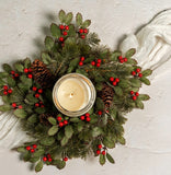 #G191550 Snowy Holly 16In Candle Ring With Pine, Berries & Cones