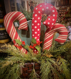 #PD899 Festive Polka Dot Stuffed Candy Cane With Felt Holly Leaf & Rusty Bell