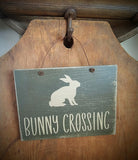 #BC-W Primitive Green "Bunny Crossing" Hanging Wood Sign 8x6Inch