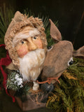 #HSBHR  Handmade Santa w/ Burlap Hat Holding Reindeer in Box