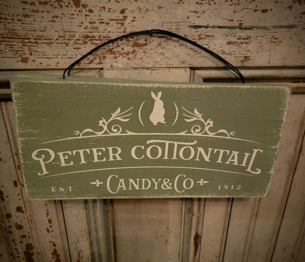 #WHSPCT-GN Wooden "Peter Cottontail" Hanging Sign - Sage Green 5.5x11.5In