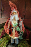 #8DRSN HOLLY SCHMIDT "Fuzzy Dull Red Wooly Coat Santa With Stick Reindeer" ONE OF A KIND