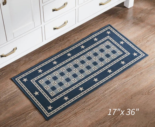 #84544  "My Country" Navy & Cream Polyester Rug Rectangle 17x36In