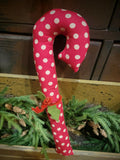 #PD899 Festive Polka Dot Stuffed Candy Cane With Felt Holly Leaf & Rusty Bell