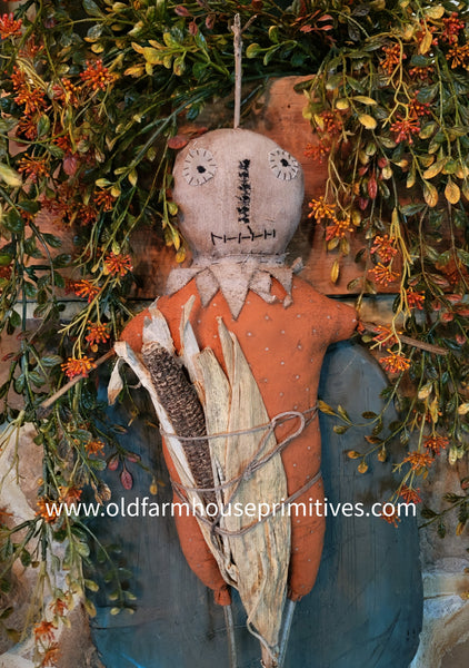 #BYC-2DOT  Primitive Hanging Pumpkin Guy With Corn Cob MADE IN AMERICA!