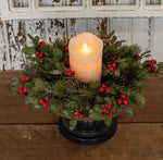 #G191550 Snowy Holly 16In Candle Ring With Pine, Berries & Cones