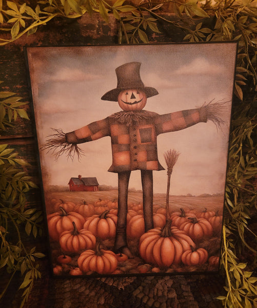 #HGC-1130 "Plaid Coat Scarecrow With Broom" 8 x10 Canvas Print