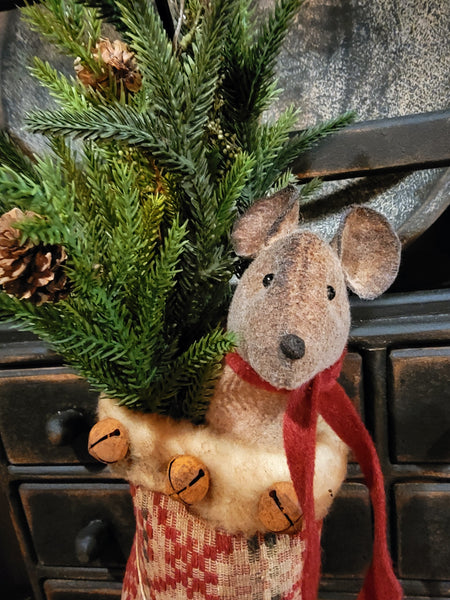 #2WSM Woven Stocking With Mouse & Greens By RUGGED CHIC COLLECTION