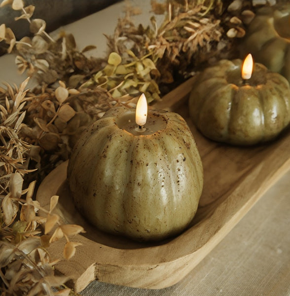 #NY236442  Primitive Green 3D Flame 4 Inch Tall Pumpkin Candle - 6Hr Timer