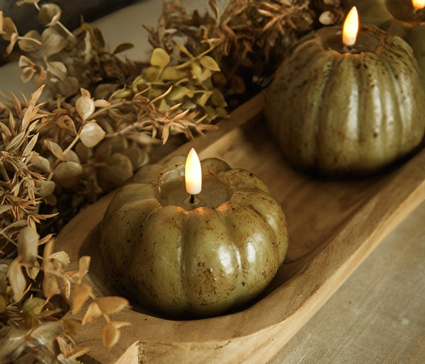 #NY236430 Green 3D Flame 3 Inch Short Pumpkin Candle - 6Hr Timer
