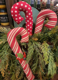 #PD899 Festive Polka Dot Stuffed Candy Cane With Felt Holly Leaf & Rusty Bell