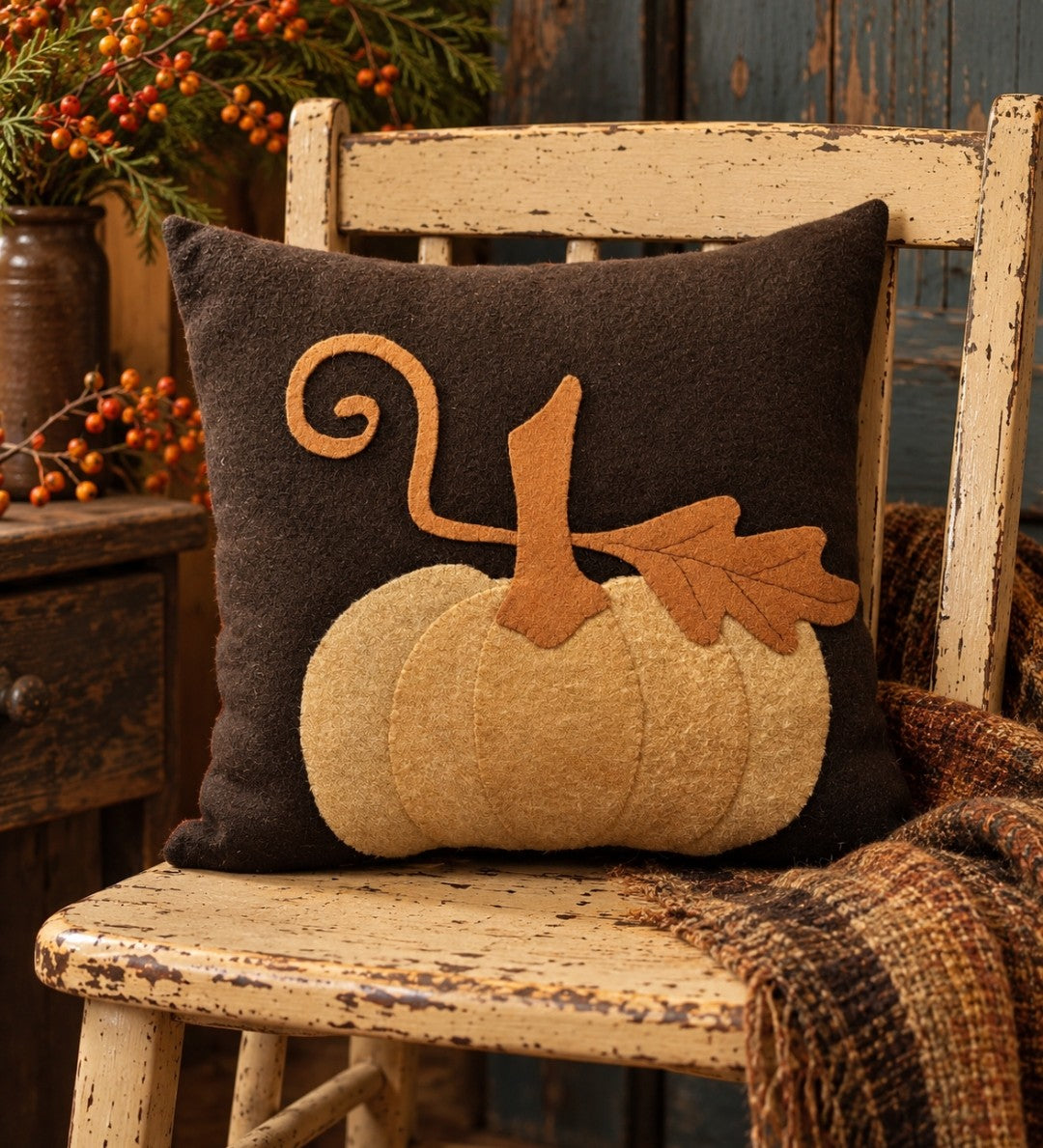 #1CWP Handmade Brown WOOL Pillow With Cream Pumpkin – Old Farmhouse ...