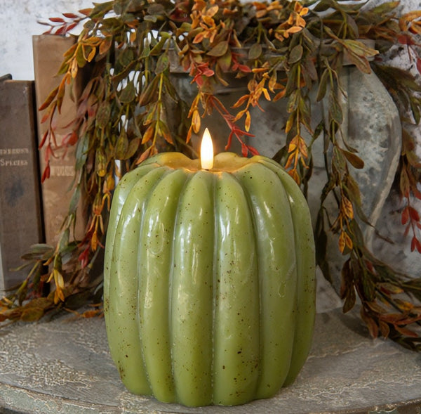 #NY236454  Primitive Green 3D Flame 6.5 Inch Pumpkin Candle - 6Hr Timer
