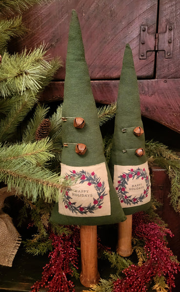 #HHTR Primitive Tree On Vintage Spool With Festive "Happy Holidays" Label MADE IN USA