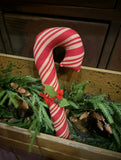 #STP899  Striped Stuffed Candy Cane With Felt Holly Leaf & Rusty Bell