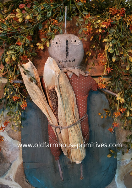 #BYC-1PLK  Primitive Hanging Pumpkin Guy With Corn Cob MADE IN AMERICA!