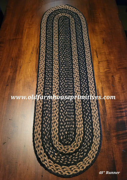 #TTBT5 Farmhouse Black & Tan Braided Jute Table "Runner" (13x48)