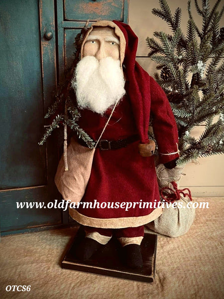 #OTCS6 Primitive Santa 🎅 Wearing Red Coat Holding "Feather Tree" (Made In USA) ★IN STOCK★