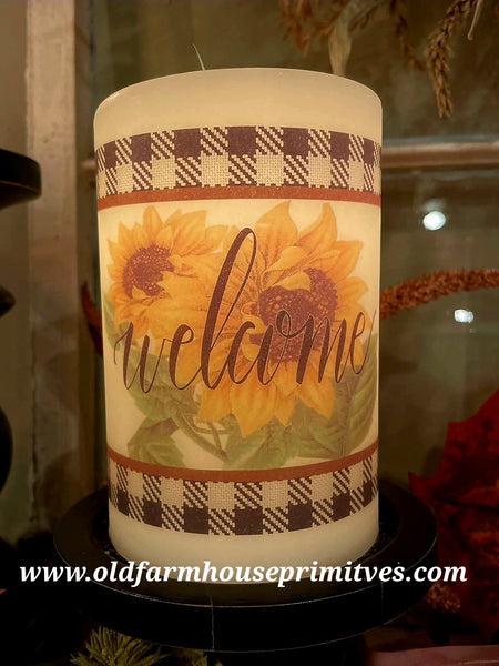 #CRDCS5 Primitive Sunflower Welcome 🌻 Antique Vanilla Wax Candle Sleeve (Made In USA)