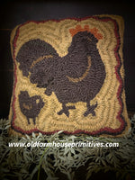 #HSD903 Primitive "Mother Hen" Hooked Wool Pillow