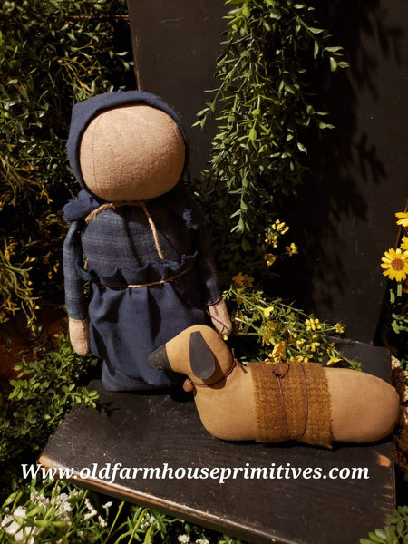 #EVCPDB1 Primitive Prairie Girl "BLUE DRESS" With Her Sheep 🐑  (Made In USA)