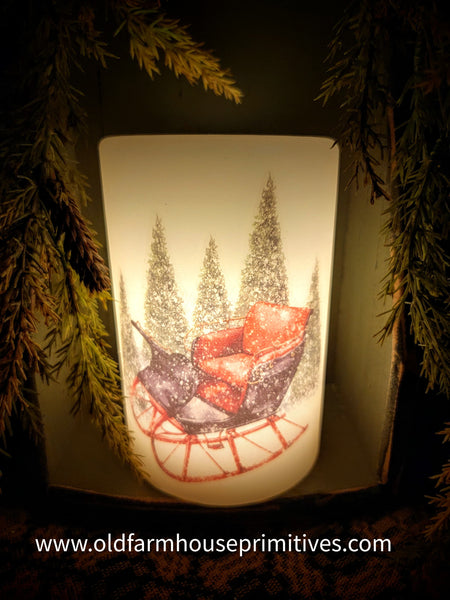 #6VP-WSS/AV Winter Snowy Sleigh Candle Sleeve (Made In USA)
