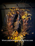 #RS69 Primitive Fall "Crow Riding Broom" in Twig Wreath (Made In USA)