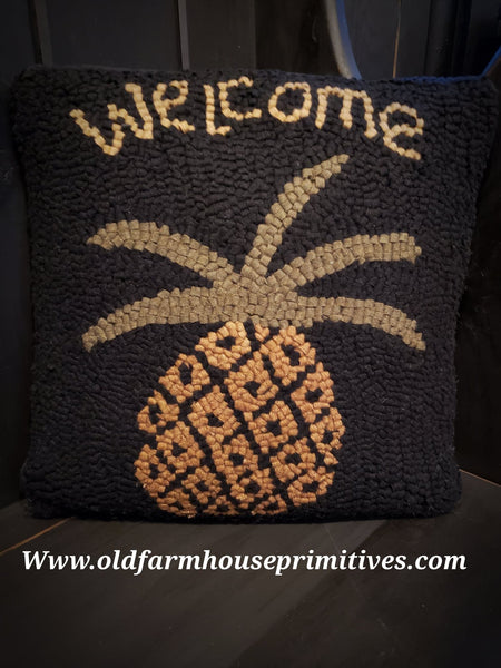 #HSD9 Primitive Hooked Wool "WELCOME" Pillow
