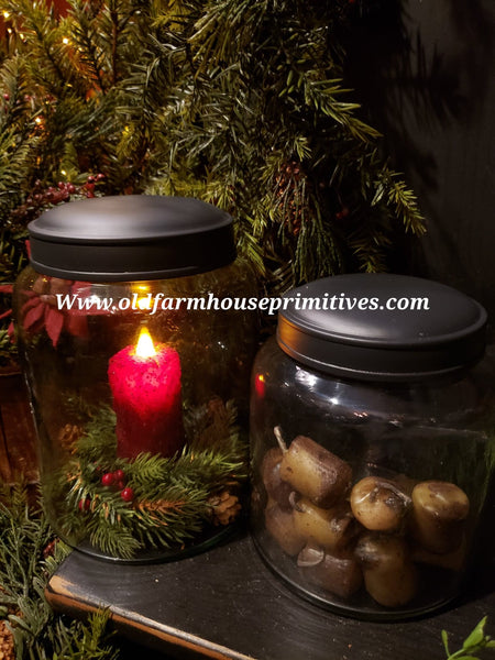 #PDARJ2 Primitive Antique Reproduction Apothecary Jars Set/2 Black Lid  #1 Seller