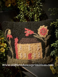 #HSD54 Primitive Hooked Wool Pillow "House" Flowers