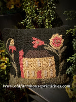 #HSD54 Primitive Hooked Wool Pillow "House" Flowers