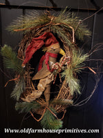 #RSN5 Primitive Large Christmas Crow With Santa Hat Grapevine Wreath 🎅 Candy Canes (Made In USA)