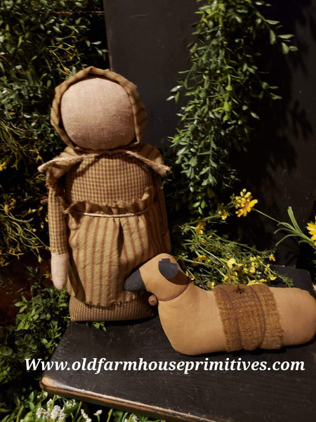 #EVCPDBR1 Primitive Prairie Girl "BROWN DRESS" With Her Sheep 🐑  (Made In USA)