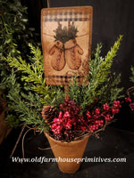 #PHPM2 Primitive Potted Wax Dipped "WINTER MITTENS" Faux Holiday Plant
