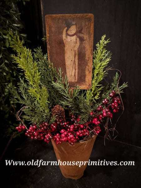 #PHPM1 Primitive Potted Wax Dipped "SNOWMAN" Faux Holiday Plant