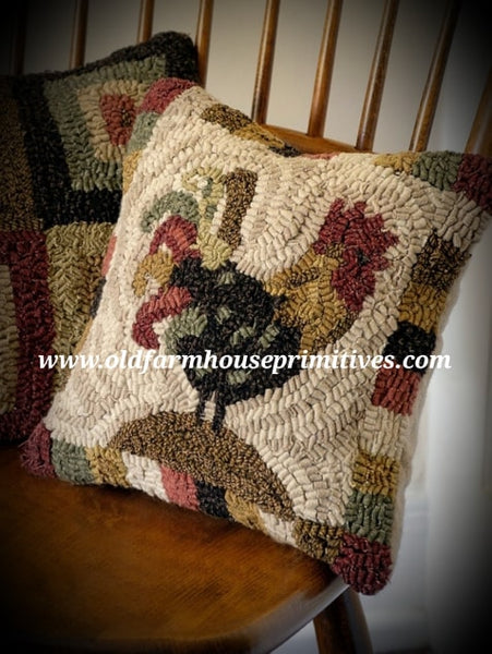 #HSD5 Primitive Red Rooster Hooked Wool Pillow
