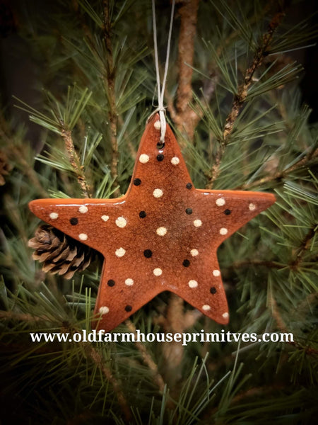 #SRW1011MB Redware Star Ornament With Black & Mustard Dots